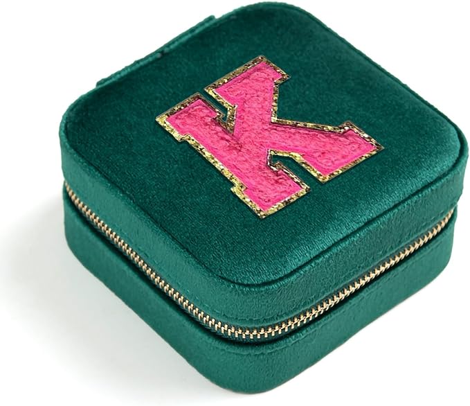 Personalized Velvet Travel Jewelry Case Box For Women Ring Necklace Earring Holder Organizer with Mirror Green Girls Box Birthday Gifts Mom Initial K - Image 7
