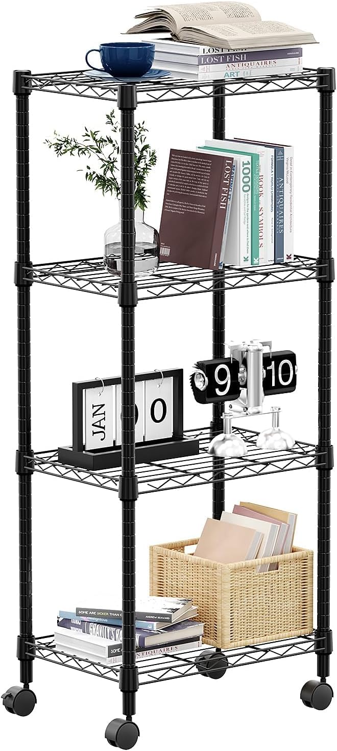 M MZG 4-Shelf Adjustable Heavy Duty Steel Wire Rack, Adjustable Storage Shelving Unit with Wheel for Kitchen, Garage, Laundry Black 11.8" D x 17.7" W x 40.8" H by MEIGAOPLASTICANDMETALHKCOLIMITED