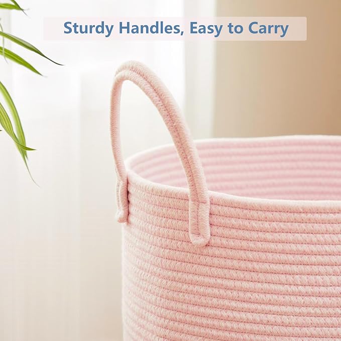 80L Extra Large Pink Hamper Laundry Basket for Baby Girls Tall Nursery Hamper for Kids Woven Rope Clothes Basket for Little Girls Room Bedroom Light Pink Kawaii 16"D x 22"H - Image 5
