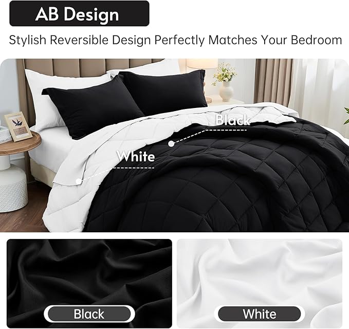 MUXHOMO 5 Pieces Twin XL Comforter Set, Reversible Bed in a Bag Twin XL Size, All Season Bedding Set with Comforter, Flat Sheet, Fitted Sheet, Pillowcases & Shams, Black & White