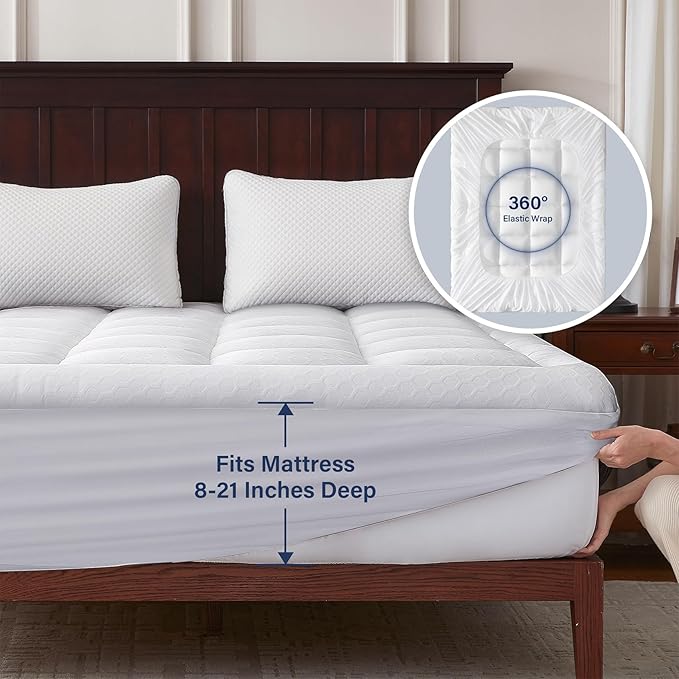 Anluoer Memory Foam Mattress Topper King for Back Pain,Down Alternative Pillow Top Mattress Topper,Thick Mattress Pad with 8-21" Deep Pocket, 78x80 Inches, White