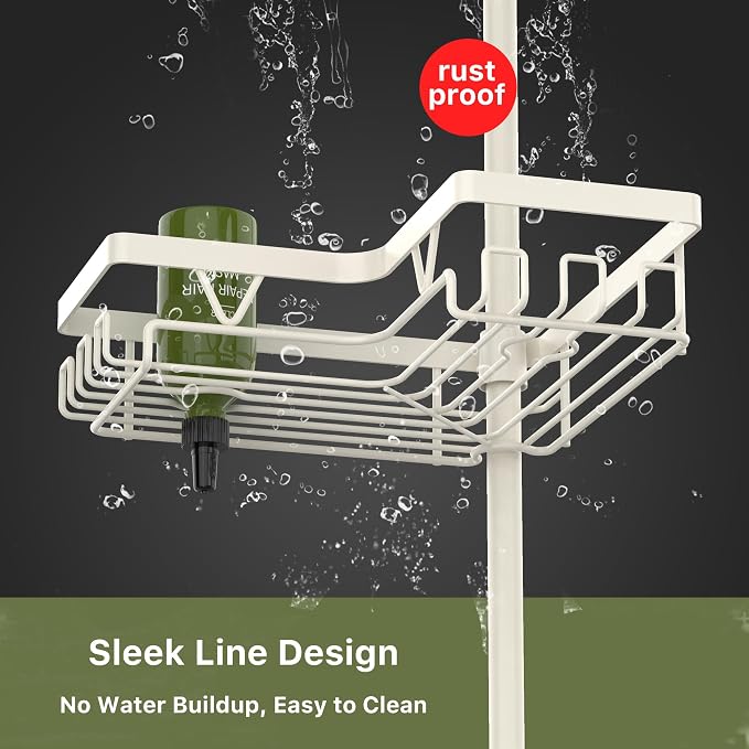 KEGII Shower Corner Caddy Tension Pole, Rustproof Corner Bathroom Organizer, No Drilling Bathtub Shelf for Inside Shower, Waterproof Bathroom Tub Organizer, Fits 25-114.2 Inch Height, Cream White - Image 4