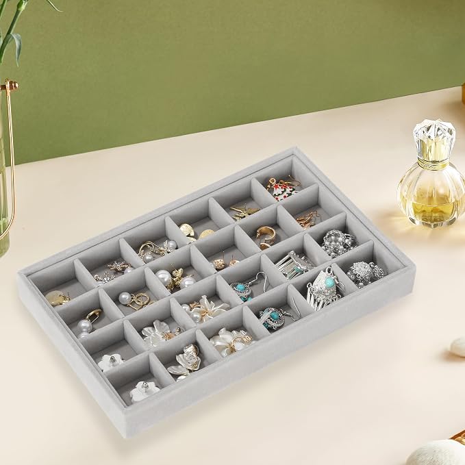 Frebeauty 24 Grid Earring Holder Organizer Tray, Jewelry Organizers and Storage for Drawer,Velvet Jewelry Display Storage for Earrings,Rings,Studs,10.5 x 6.5 x 1.2 Inches Gift for Women (Grey) - Image 2