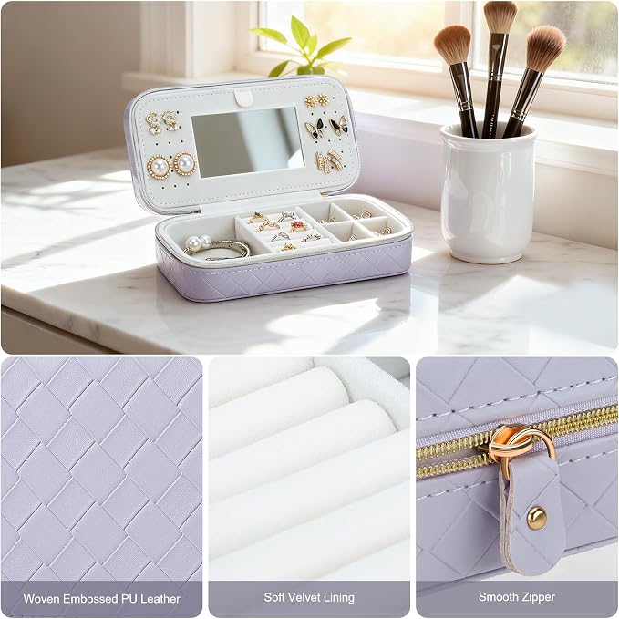 DesignSter Travel Jewelry Case, Woven Embossed PU Leather Jewelry Organizer with Mirror, Small Portable Jewelry Box for Women Rings Necklaces Bracelets Earrings - Image 4