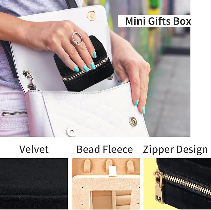 Travel Velvet Jewelry Box with Mirror, Mini Gifts Case for Women Girls, Small Portable Organizer Boxes for Rings Earrings Necklaces Bracelets (Black) - Image 5