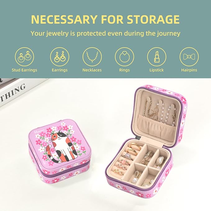shunmei Mini Travel Jewelry Box,PU Leather Portable Jewelry Organizer Case,Art Accessories Storage Holder Boxes for Earring, Necklace, Rings, Bracelets (Pink Cat) - Image 4