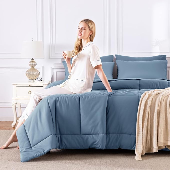 CozyLux Oversized King Comforter Sets Dusty Blue, 7 Pieces Bed in a Bag, Ultra-Soft All Season Bedding Sets with Stitch Quilted Comforter, Flat Sheet, Fitted Sheet, Pillowcases, Grayish Blue