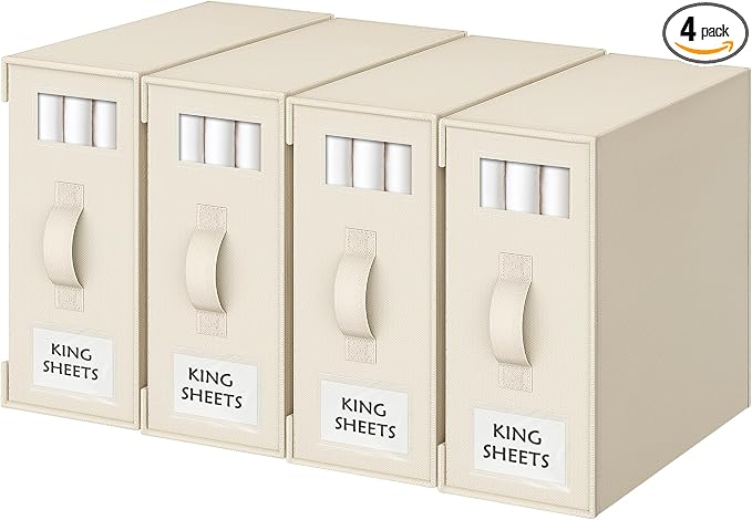 Criusia Bed Sheet Organizers and Storage, 4 Pack Foldable Linen Closet Organizers – Bedding Holder for Sheet Set (King/Queen Sizes), Duvet Covers, Blankets (Beige) by Criusia