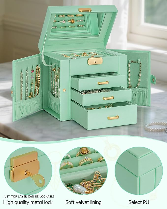 AKOZLIN 4-Tier Jewelry Box Leather Jewelry Storage Organizer with 3 Drawers Lockable for Women Girls Ring Necklace Earring Bracelet Holder with Mirror - Image 4