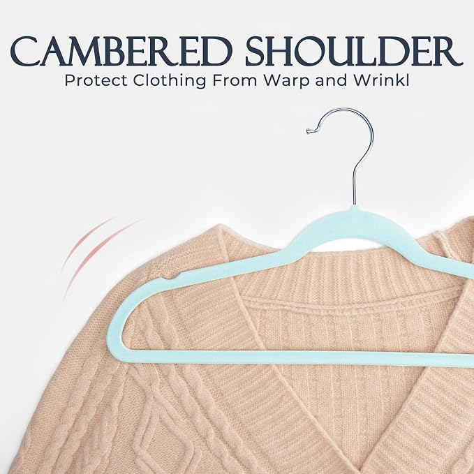 HOUSE DAY Sky Blue Velvet Hangers 60 Pack, Non Slip Clothes Felt Hanger Heavy Duty for Coat, Premium Slim Space Saving Suit Hangers for Closet Organizer, 360° Rotating Silver Hook - Image 5