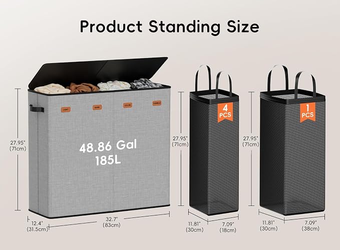 Laundry Hamper 4-Section with Lid, 185L Laundry Sorter with 4 Removable Bags + 1 Extra Large Bag, Switchable 3/4 Compartment, Laundry Basket Organizer for Bedroom, Laundry Room，Grey - Image 6