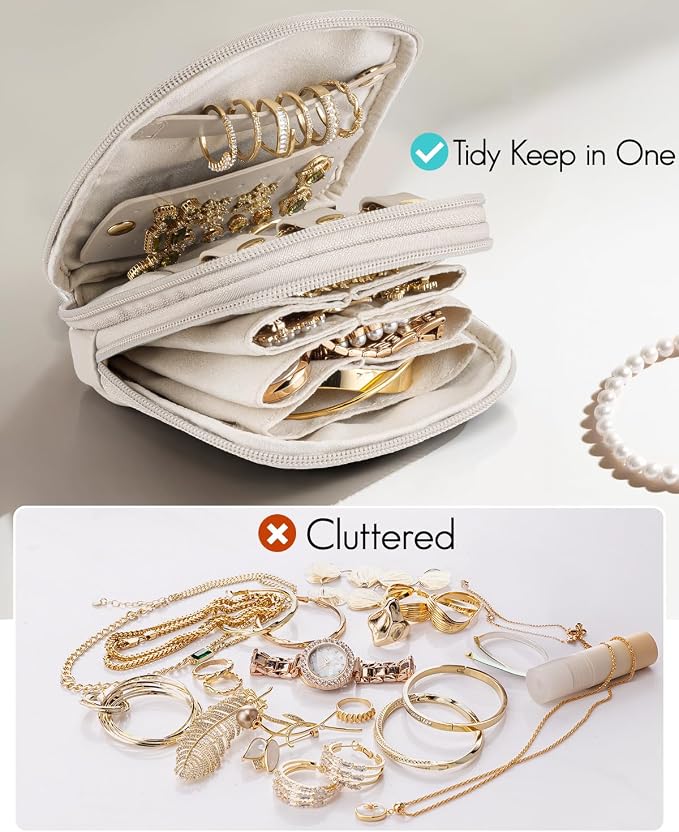 VLANDO Travel Jewelry Case,2-Layer Jewelry Organizer for Travel,Mothers Day Mom Gifts Teacher Gifts,Multi-Compartment Jewelry Storage for Rings Earrings Necklaces Bracelets-Cream White - Image 7