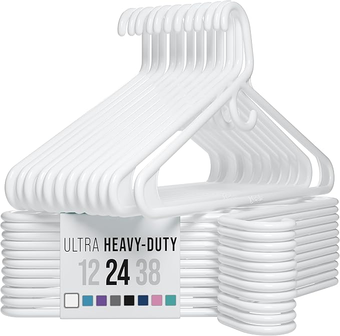 NEATERIZE Thick Heavy Duty Hangers - White Plastic Clothes Hangers 24 Pack - Great for Coat Hanger, Jackets Jeans & Suit Hanger for Closet - New Apartment Essentials Percheros Ganchos para Colgar Ropa by Neaterize