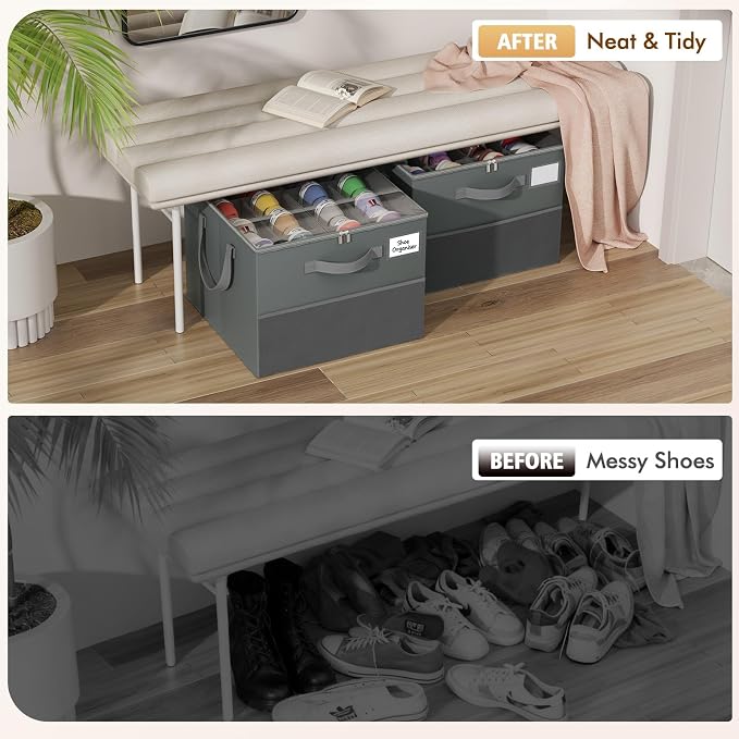 NestOrganix 2 Pack Shoe Organizer for Closet, Large Shoe Box Storage Containers, Foldable Shoe Storage Organizer Box Bin with Adjustable Dividers and Clear Cover, Space Saving Shoes Holder, Gray - Image 4