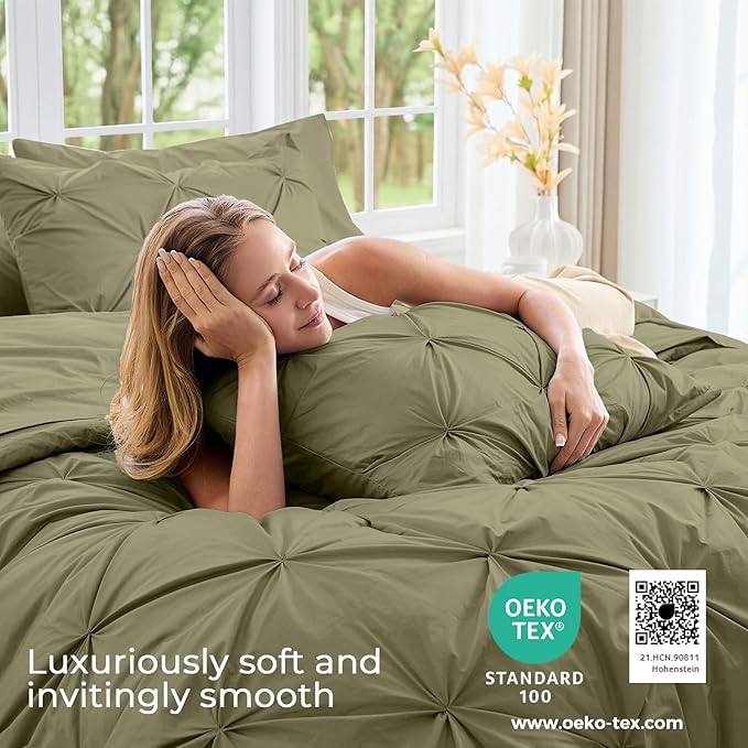 Sasttie Full Size Comforter Set, 7-Piece Bed in a Bag, Pintuck Bedding Sets for All Season, Includes Comforter, Flat Sheet, Fitted Sheet, Pillowcases and Pillowshams, Olive Green