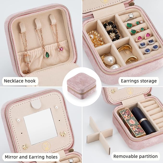 TRODANCE Plush Velvet Travel Jewelry Case Organizer, Small Travel Jewelry Box,Portable Jewelry Box Travel Mini Organizer Portable Display Storage Box For Rings Earrings Necklaces (Pink) - Image 4