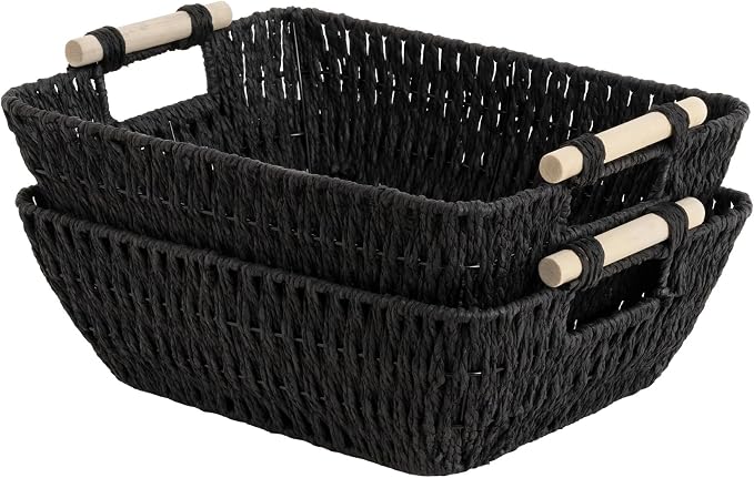 StorageWorks Large Wicker Storage Basket for Organizing with Wooden Handles, Toilet Paper Baskets for Shelf, Black, 2-Pack by StorageWorks