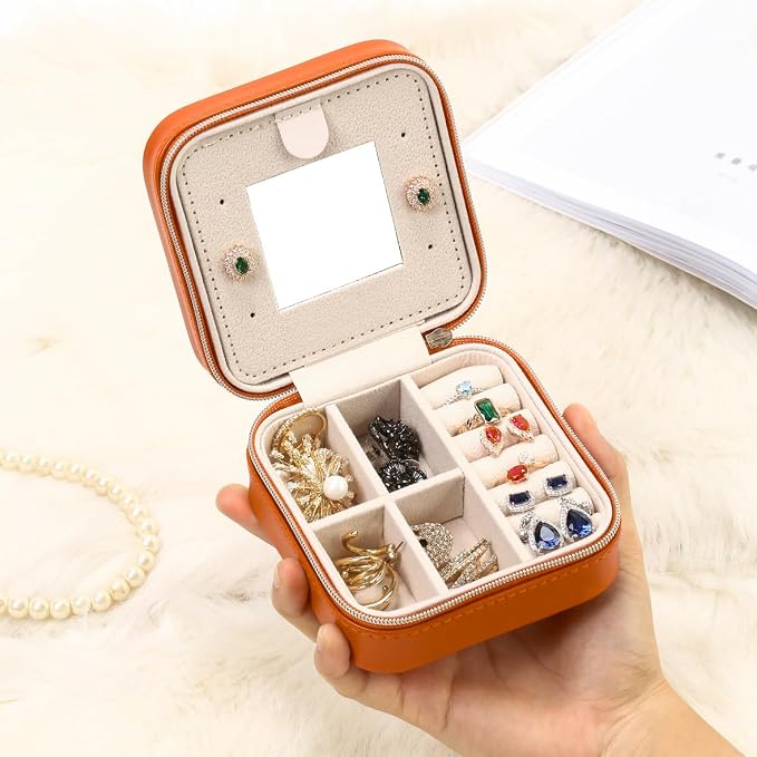 TRODANCE Jewelry Travel Case with Mirror,Small Travel Jewelry Organizer, Portable Jewelry Box Travel Mini Organizer Portable Display Storage Box for Rings Earrings Necklaces (Orange) - Image 2