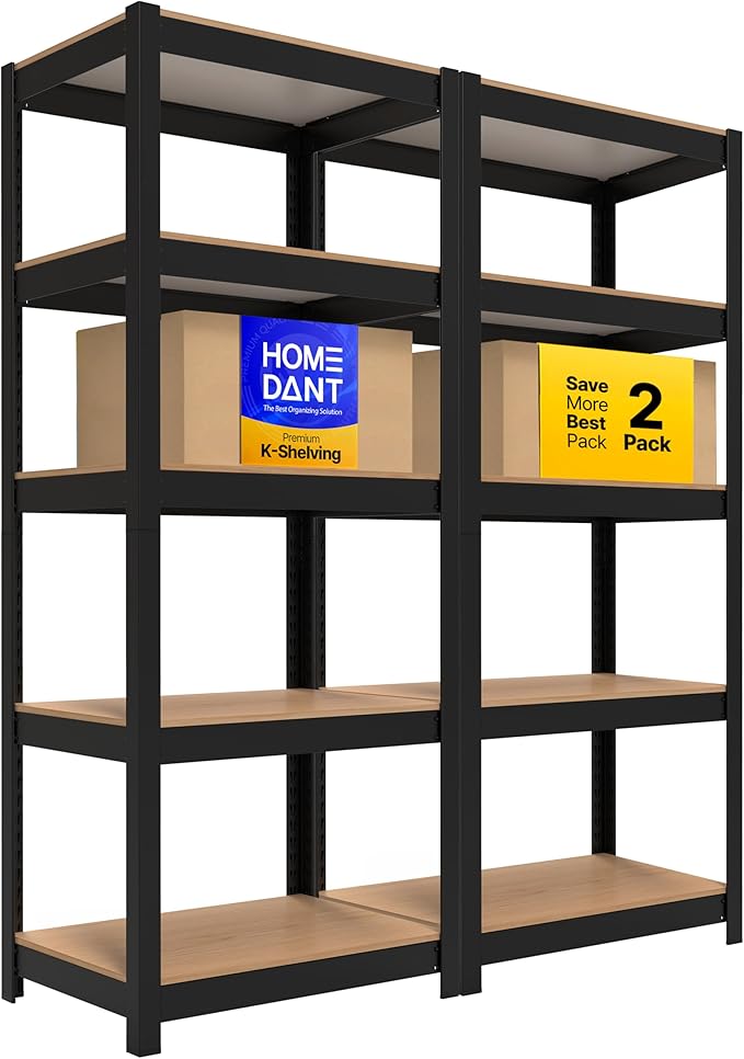 HOMEDANT House 24.4" W 5 Tier Heavy Duty Garage Shelving Adjustable Metal Rack Storage Shelves Standing Shelf Unit Organizers Pantry Closet Office Black 2Pack by TheBestOrganizingSolution
