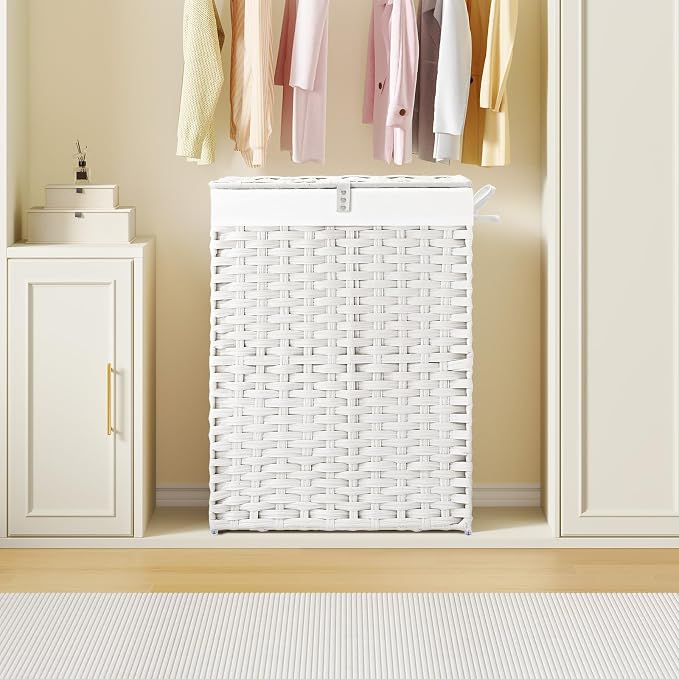 Greenstell Laundry Hamper with Lid, 90L Clothes Hamper with 2 Removable Liner Bags & 2 Mesh Laundry Bags, Handwoven Synthetic Rattan Laundry Basket for Clothes, Toys in Bathroom, Bedroom White - Image 2