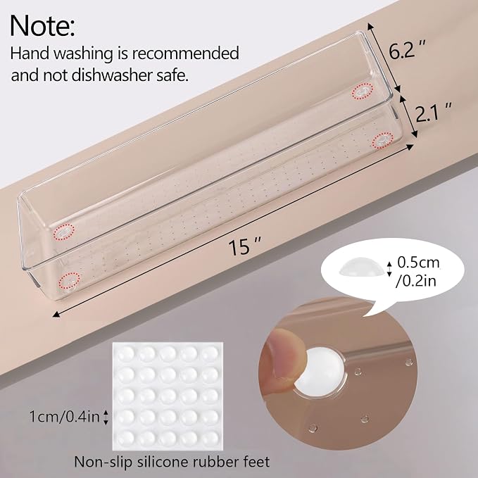 Ohlove 6 Pcs Large Clear Plastic Drawer Organizers Tray 15" x 6.3" Storage Bins with 25 Pcs Non-Slip Pads for Makeup, Jewelries, Kitchen Utensils, Bathroom and Office - Image 3