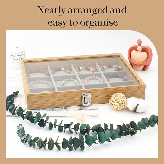 KOOAAICCHI Jewelry Organizer Tray 12 Grid Velvet Jewelry Storage Box with Clear Lid Jewelry Display Case with Lock Bracelet Earring Ring Organizer Showcase Gifts for Girls Women-12 Grid Wooden Beige - Image 2