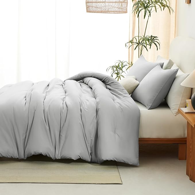 CozyLux Queen Comforter Set Light Grey, 3 Pieces Solid Comforters Queen Size Breathable Bedding Sets, Light Gray Luxury Soft Lightweight Bed Set with Down Alternative Comforter and 2 Pillowcases