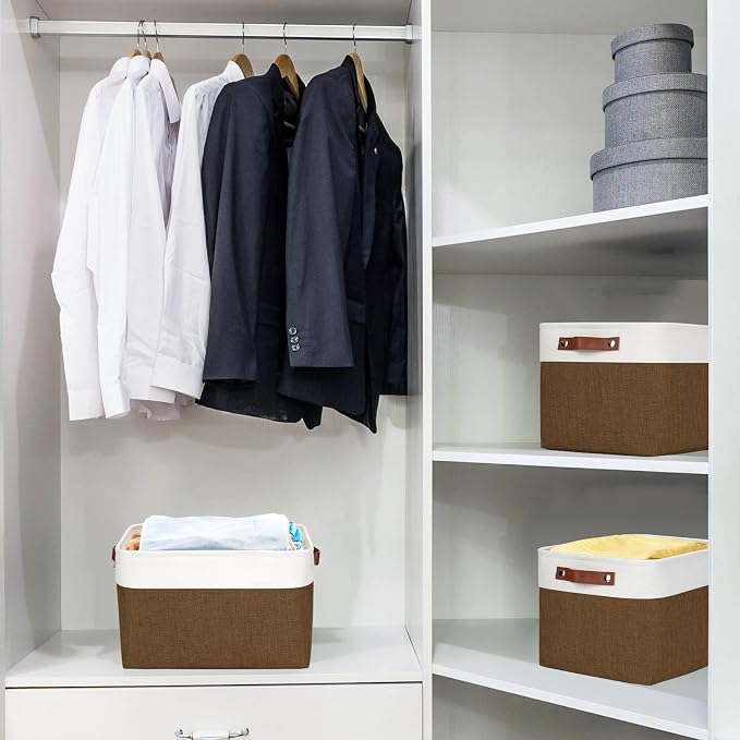 Bagnizer Storage Bins Large Fabric Storage Baskets for Shelves 3 Pack, Decorative Linen Closet Baskets with Handles for Organizing, Shelf, Clothes, Home, Office, 15x11x9.5Inches (Brown&White) - Image 2