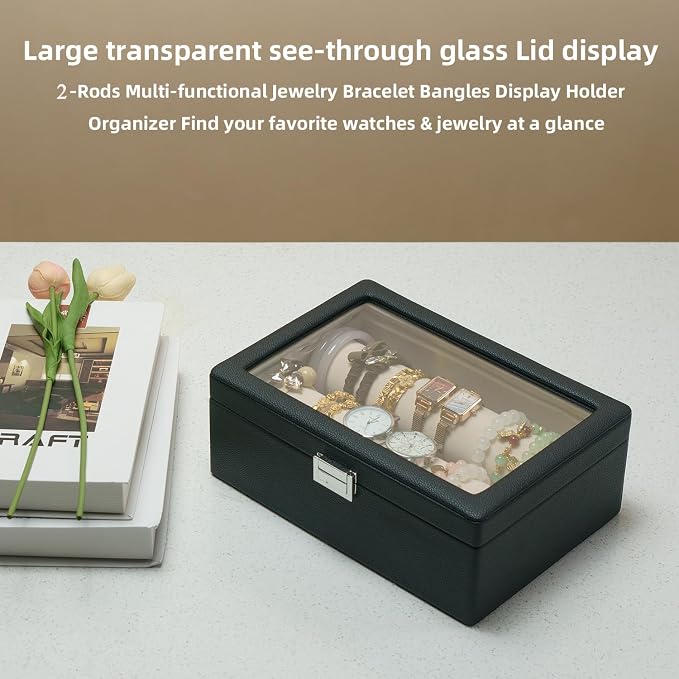 Bracelets Organizer Rods Bangles Display Holder, Clear See through Lid Leather Velvet Jewelry Storage Box Case for Women, 2 Rods Black Leather - Image 7