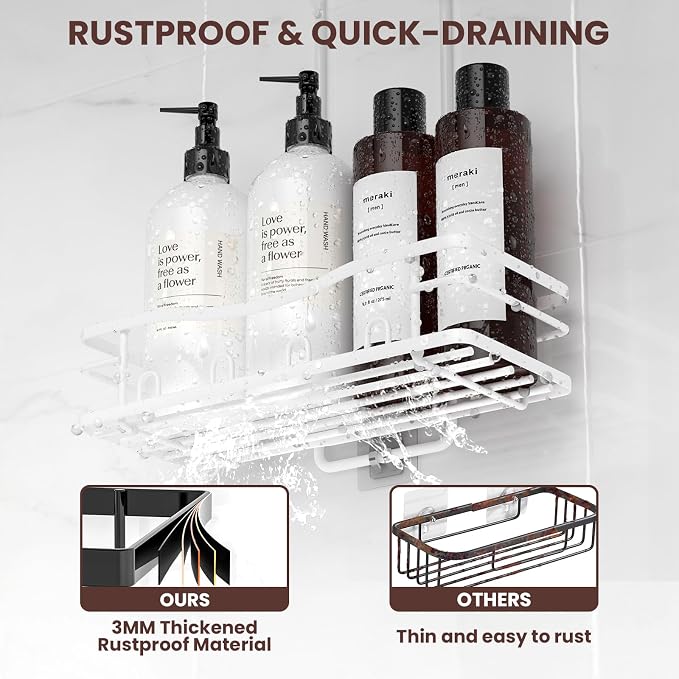 REINHARDT Shower Caddy Hanging, Rustproof Shower Caddy Anti-Swing Shower Organizer No Drilling Showers Racks with Soap Holder Multi Hooks Bathroom Storage for Shampoo Sponge, White - Image 4
