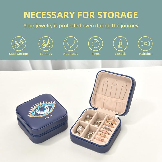 shunmei Mini Travel Jewelry Box,PU Leather Portable Jewelry Organizer Case,Art Accessories Storage Holder Boxes for Earring, Necklace, Rings, Bracelets (Blue Eyes) - Image 4