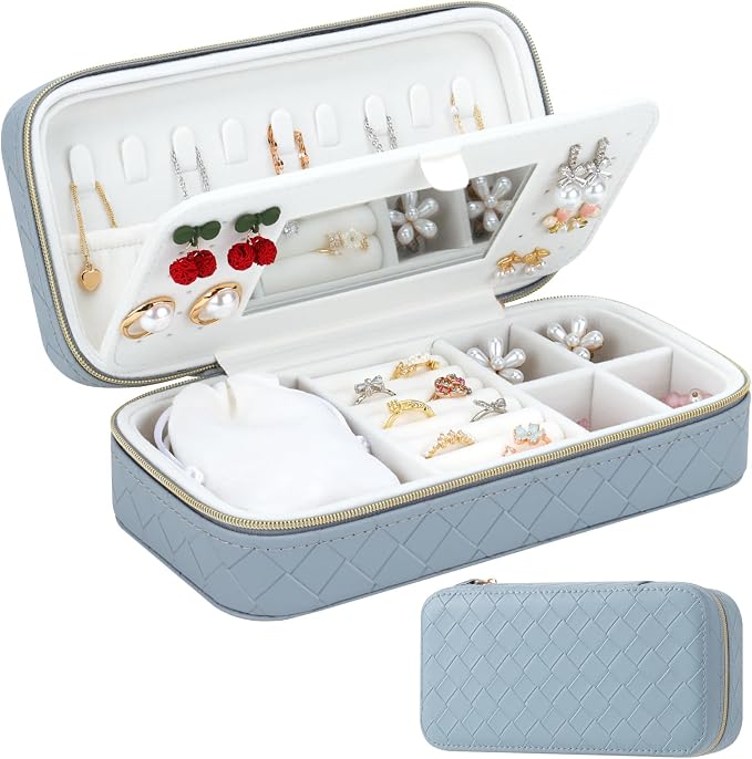 DesignSter Travel Jewelry Case, Woven Embossed PU Leather Jewelry Organizer with Mirror, Small Portable Jewelry Box for Women Rings Necklaces Bracelets Earrings by DesignSter