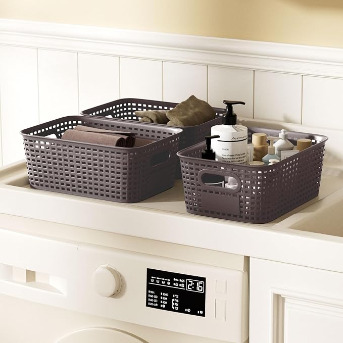 6Pcs Storage Bins with Lids, Stackable Plastic Storage Basket with Bamboo Lid, Pantry Organizer Box Small Containers for Organizing Shelves Drawer Desktop Closet Cabinet Office Classroom 10x7.1x4.1in - Image 4