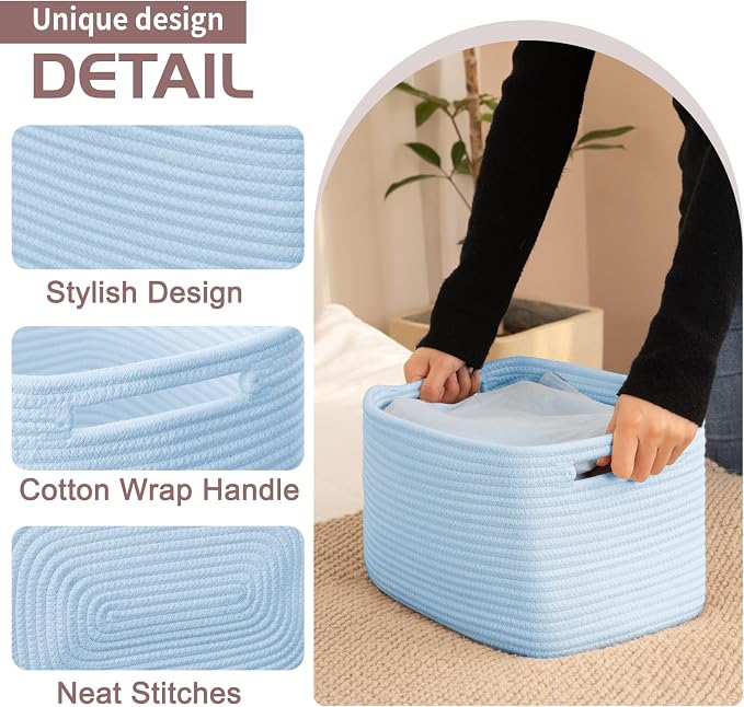 OIAHOMY 4 Pack Storage Baskets for Organizing, Cube Storage Bins for Shelves, Rectangle Storage Baskets With Handles, Woven Baskets for Storage, 12.7''Lx9''Wx7.8''H, Light Blue - Image 3