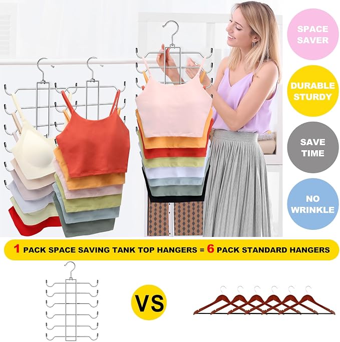 1 Pack Tank Top Hanger Space Saving, Closet-Organizer-and-Storage for Small Space, Non-Slip 6-Tier Hanging Sport Bras Holder, Dorm-Room-Essentials-for-College-Students-Girls Camisoles Swimsuits Dress - Image 4
