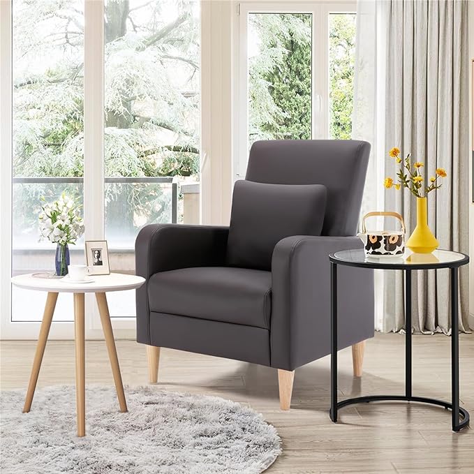 COLAMY Modern Upholstered Accent Chair Armchair with Pillow, PU Leather Reading Living Room Side Chair,Single Sofa with Wood Legs, Brown