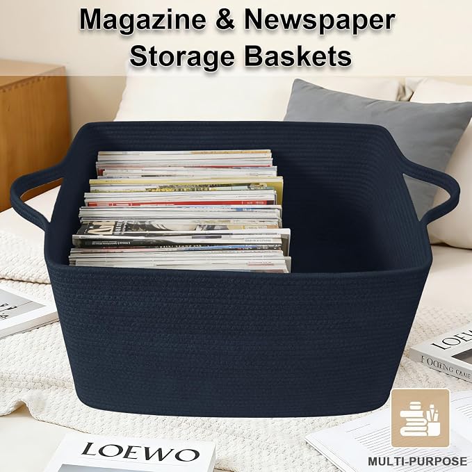 Large Blanket Basket,Woven Rope Basket Storage Bin with Handles,65L Rectangle Laundry Basket for Magazines,Toys,Clothes,Newspaper Shelf Organization,Nursery and Living Room,Navy - Image 5