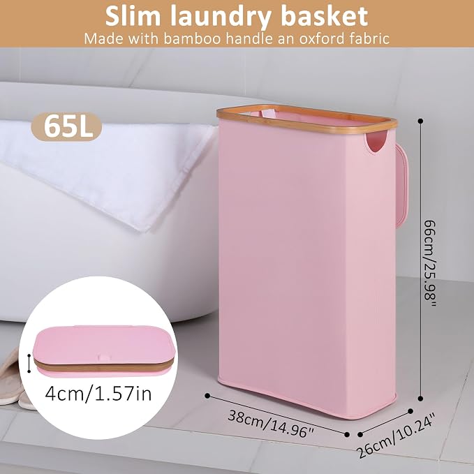 iEGrow 65L Slim Laundry Hamper, Narrow Laundry Basket with Lid,Foldable Clothes Hamper with Bamboo Handles,Hamper Basket with Removable Inner Bag for Laundry Room Bedroom College Dorm,17.17 Gals Pink - Image 2