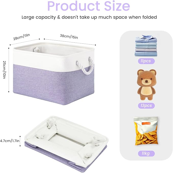 Large Storage Baskets- 15x11x10 inch Storage Bins for Shelves and Closet Organizing, Foldable Fabric Bin for Home Organization Clothes and Laundry (1-Pack, White&Purple) - Image 5