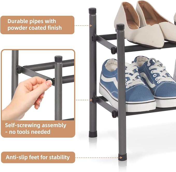 STORAGE MANIAC Expandable Shoe Rack, 8 Pairs Stackable Small Shoe Rack, Metal Adjustable Shoes Organizer for Closet, Entryway, Hallway, Garage, Front Door, Shoes Shelves, Black 2 Tier - Image 5
