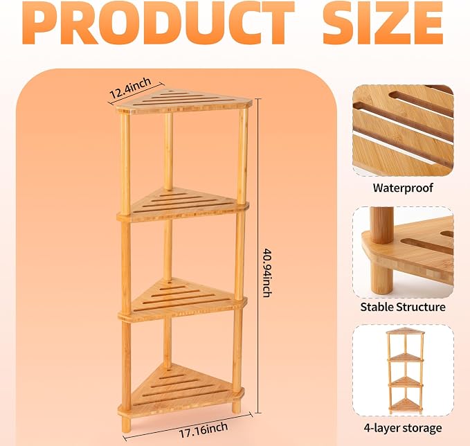 GUGIGP 4-Tier Corner Shower Caddy Stand Bamboo,Standing Corner Shower Shelf,Shower Organizer,Shower Storage Shlves,Waterproof & Durable,Space-Saving Design for Bathroom Kitchen or Living Room - Image 3