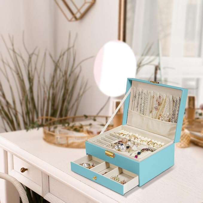 2-Layer Jewelry Box for Women, Jewelry Organizers and Storage with Removable Jewelry Tray, Vintage Quilted Top Lockable Jewelry Holder Gift Idea Sky Blue - Image 7