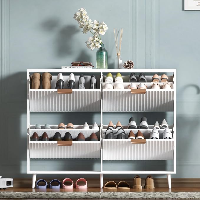 Shoe Cabinet Storage,Modern Freestanding Organizer with 4 Flip Drawers,Narrow Shoe Rack Cabinet for Entryway,White by QIVOMIX