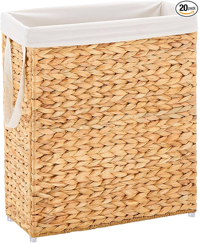 Handwoven Slim Laundry Hamper, 75L Narrow Laundry Basket, Natural Water Hyacinth Basket and Handles and Removable Liner Bag & 2 Mesh Bags (Natural, 75L) by LGENHOOMHandwovenNaturalWaterHyacinthBasket