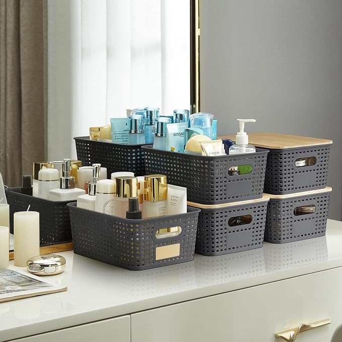 Bagnizer Small Plastic Storage Bins with Bamboo Lids 5.2qt Stackable Box Basket Pantry Decorative Containers Cute with Label for Organizing Desktop Closet Office Gray of 6 packs 10 * 7.2 * 4.1" - Image 6