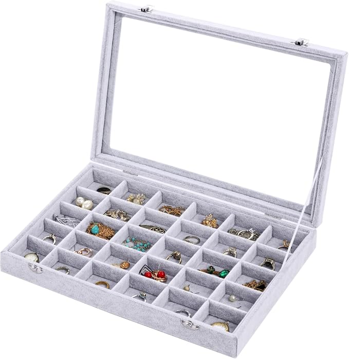 Jewelry Organizer Tray with Clear Lid 30 Grid Velvet Drawer Insert Jewelry Storage box with Glass lid Display Case Store Showcase Holder with Lock Gifts for Women by EONGOA