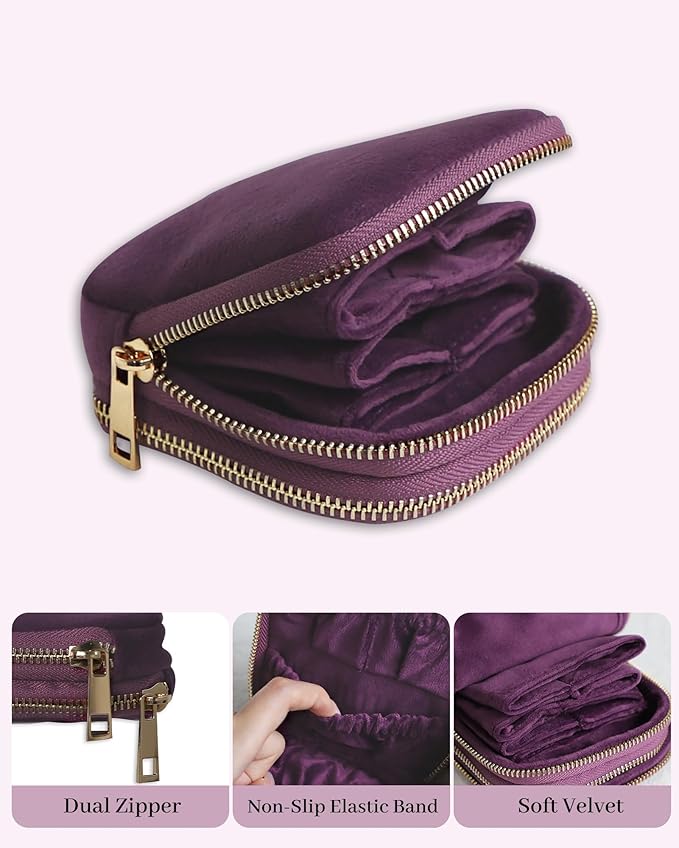 Stratalife 2-Layer Travel Jewelry Case Organizer Compact Storage Bag for Rings Earrings Necklace Bracelet Portable Velvet Jewelry Pouch with Zippers Accessories Travel Essentials Gift for Women Purple - Image 4