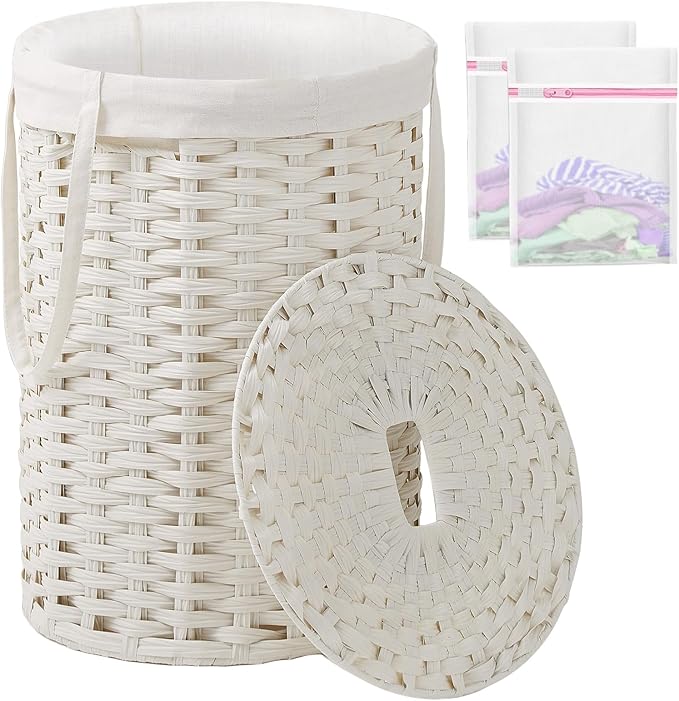 SETVSON Laundry Hamper with Lid Laundry Basket with Lid 19.0 Gal (72 L) Round Wicker Laundry Basket Handwoven Rattan Basket with Lid Removable Bag 2 Mesh Bags Handles for Living Room Bathroom White by SETVSON
