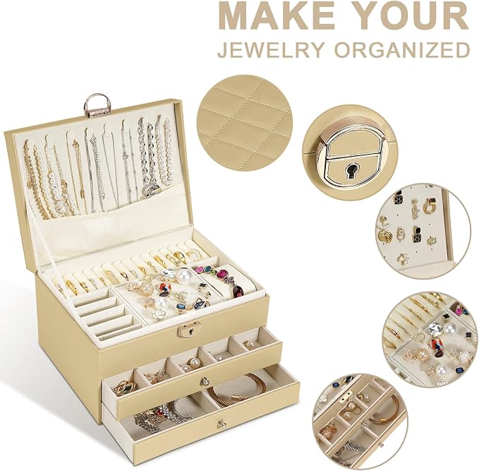 GUOER Jewelry Box for Women Girl Wife 3 Layers Large PU Leather Jewelry Organizer Storage Case with Two drawers Display for Earrings Bracelets Rings Watches (Champagne) - Image 2