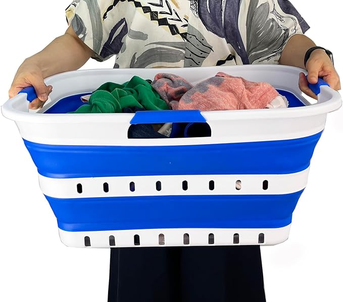 SAMMART 42L (11 gallon) Collapsible Plastic Laundry Basket - Foldable Pop Up Storage Container/Organizer - Space Saving Hamper/Basket (1, White/Dark Blue) - Image 6
